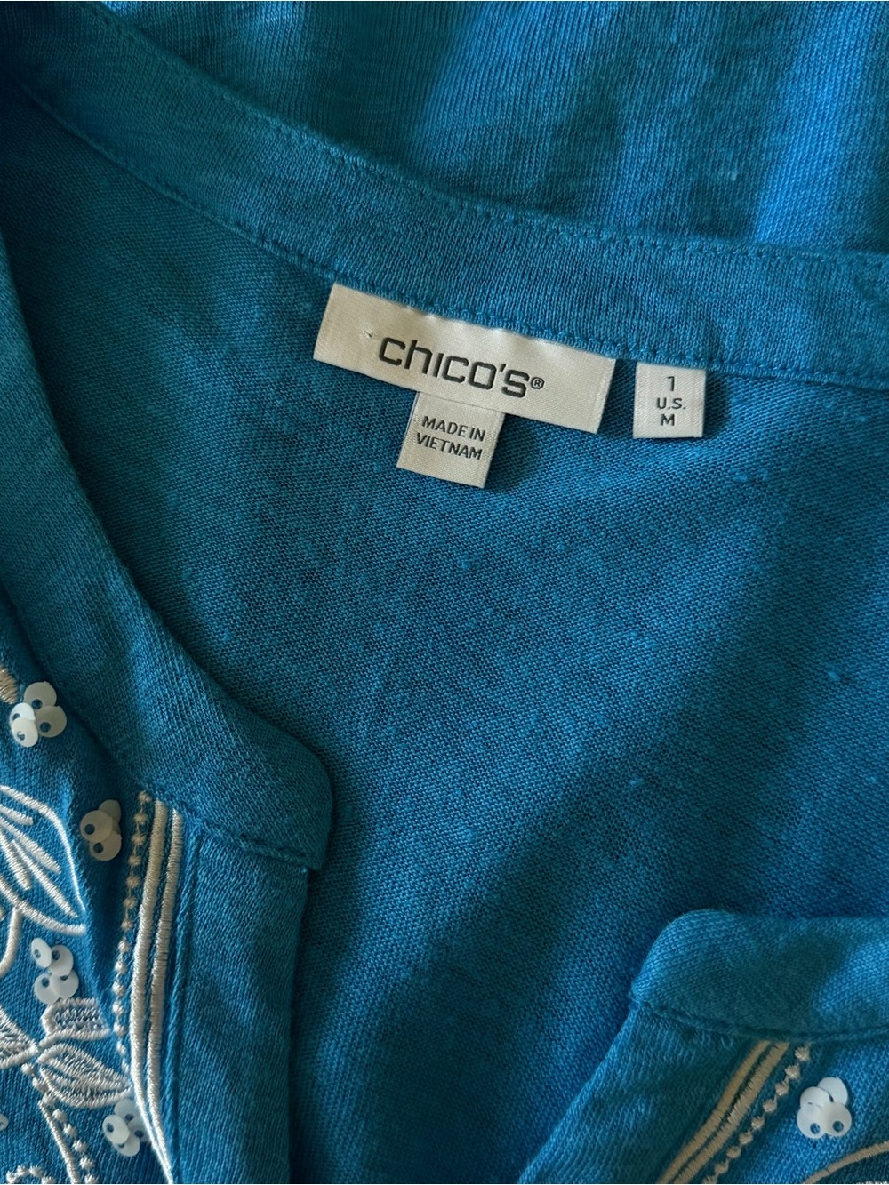 Chico’s Tee Blue M Linen Floral Embroidered 3/4 Sleeve Tunic - Picture 6 of 7